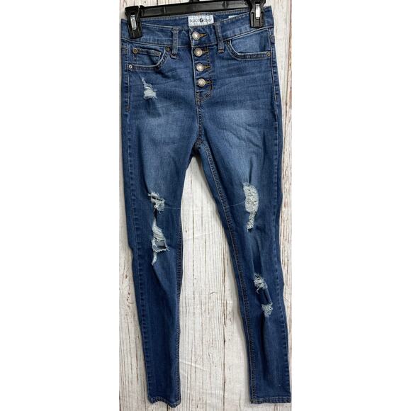 Black Daisy Skinny Jeans Junior Size 1 Blue Denim High Rise Button Fly Ripped - Picture 1 of 6